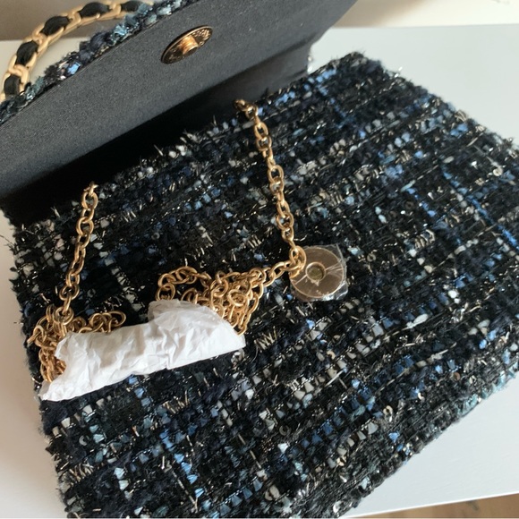 Mini Tweed Blue Black White Fabric Gold Chain Link Shoulder Handbag - Picture 7 of 14